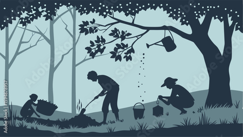 Silhouette of people planting trees, gardening outdoors. Family and community for environmental conservation.