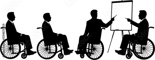 set of Businessman wheelchair 
 leader giving a presentation and pointing on flip chart conference meeting concept vector silhouette.
    