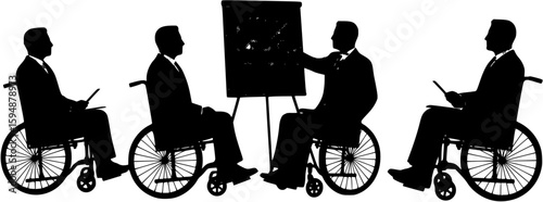 set of Businessman wheelchair 
 leader giving a presentation and pointing on flip chart conference meeting concept vector silhouette.
    