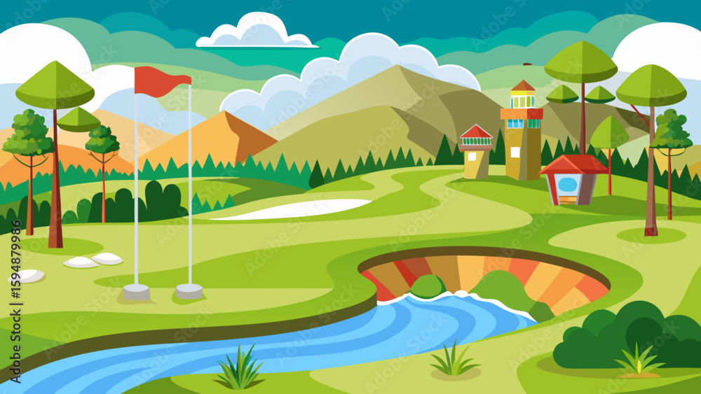 Fototapeta premium Vibrant cartoon golf course with mountains river and buildings