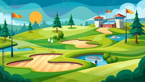 Vibrant golf course landscape with sand traps and water features