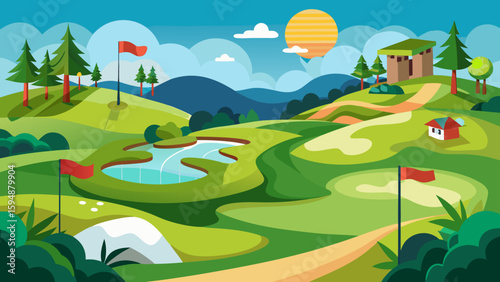 Vibrant golf course landscape with rolling hills and water features