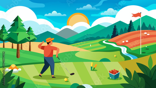 Golfer swings club on a scenic course with mountains and sun