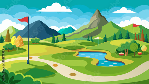 Vibrant golf course landscape with mountains and water features