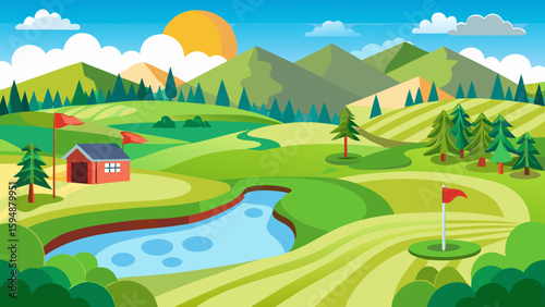 Vibrant golf course landscape with rolling hills and a sunny sky