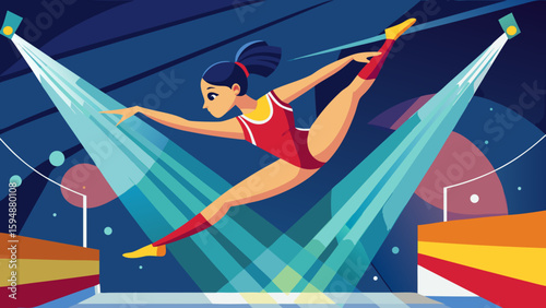 Gymnast performs a split leap under bright stage lights