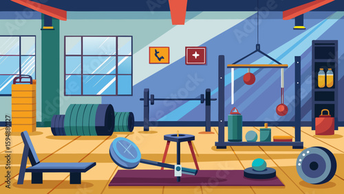 Modern gym interior with fitness equipment and weights