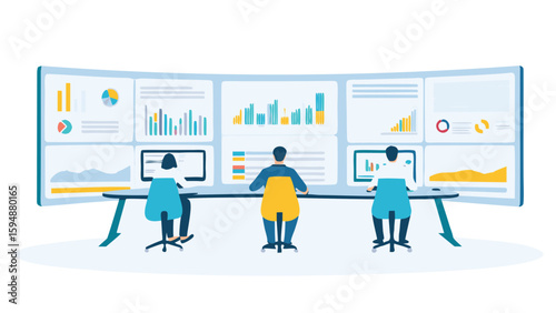 Three analysts working at a long desk in front of a large data visualization screen with charts and graphs