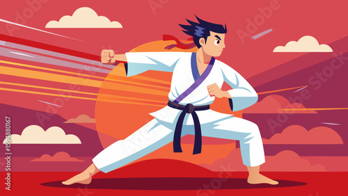 Karate fighter in action during sunset with dramatic sky