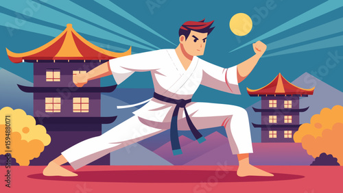 Karate practitioner in a dynamic pose with traditional asian architecture