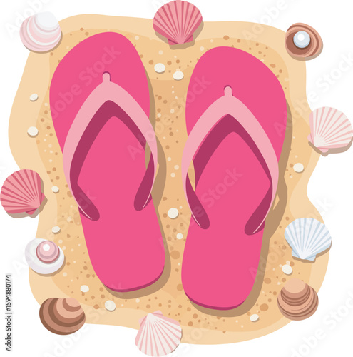 A pair of vibrant pink flip-flops resting on a sandy surface surrounded by various colorful seashells.