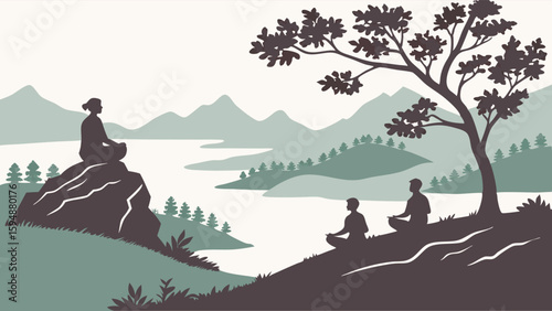 Group of people meditating in peaceful nature. Mindfulness, spiritual wellness, and calm practice in serene mountain lake landscape.