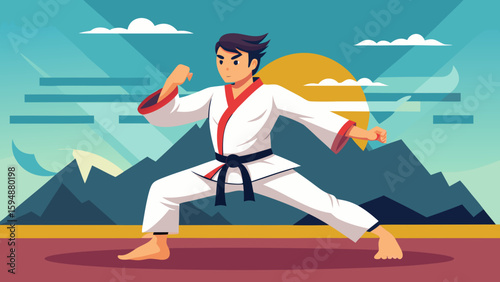 Karate practitioner in a dynamic stance against a mountain backdrop