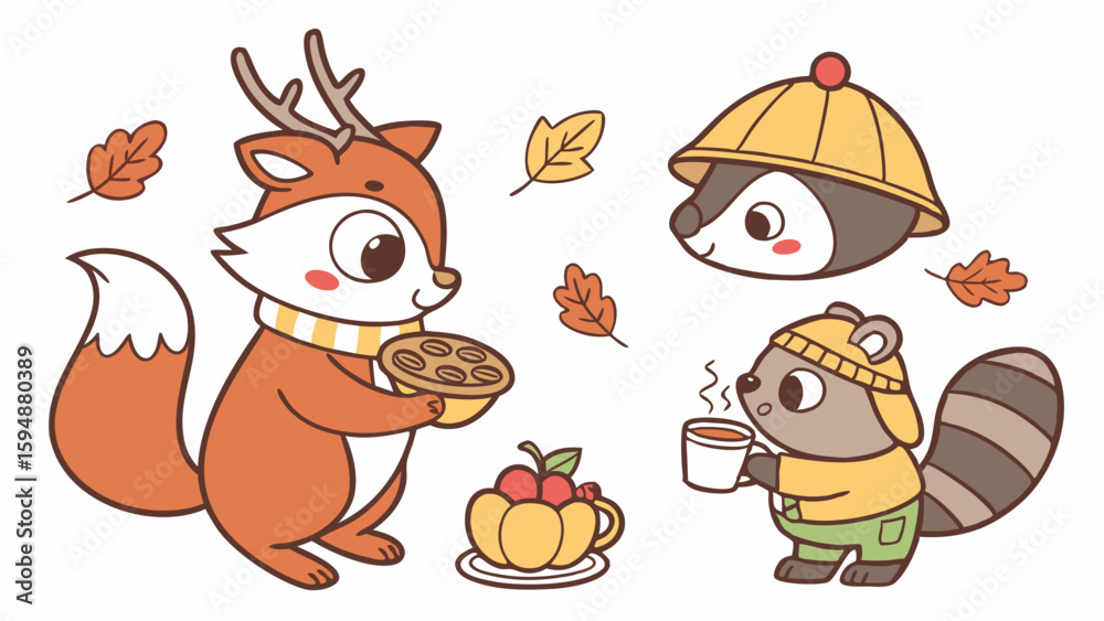 Fototapeta premium Adorable autumn woodland animals illustration. Cute fox, raccoon, and badger with fall leaves, pie, and hot drink. Cozy vector.