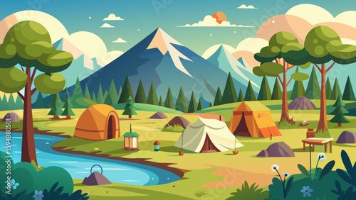 Vibrant mountain camping scene with river and tents