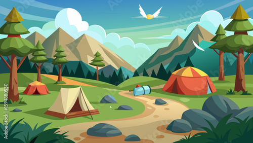 Cartoon camping scene with tents and mountains