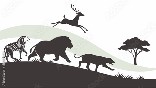 African Safari Animals Silhouettes. Wild Zebra, Lion, Leopard, and Jumping Deer in Savanna Landscape. Nature Wildlife.