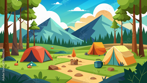 Vibrant mountain campsite scene with tents and nature