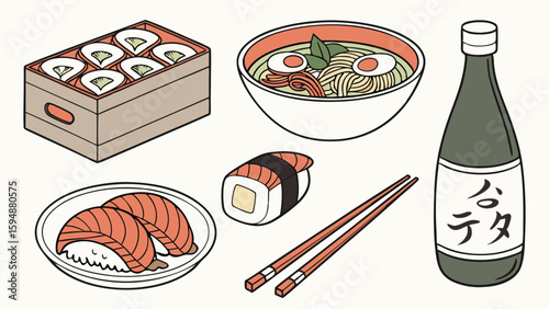 Japanese food set with sushi, ramen, bento box, and sake bottle. Delicious Asian cuisine collection with chopsticks.