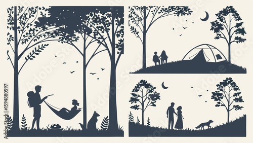 Set of nature silhouettes with people, couples, and dog in forest. Outdoor camping, hiking, and romantic leisure scenes.