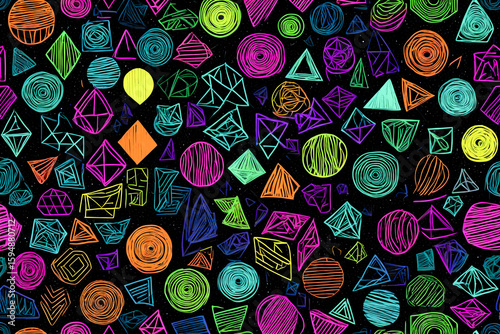 hand-drawn geometric shapes in various neon colors against a textured black background.