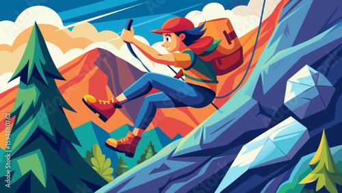 Adventurous climber rappels down a vibrant mountain landscape