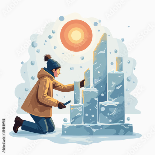 Happy child building ice sculpture in sunny snowy winter landscape, joyful and focused, outdoor activity, daylight.