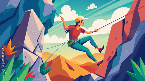 Woman rock climbing on a colorful mountain with a scenic background