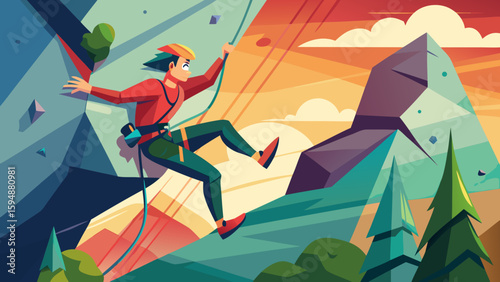 Adventurous climber ascends rocky mountain during sunset