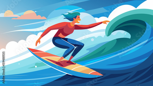Surfer rides a large wave under a sunny sky