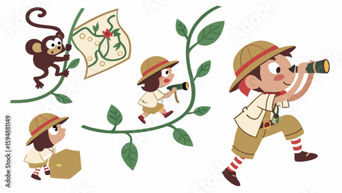 Kids adventure in jungle. Cartoon children explorers with monkey, treasure map, binoculars, and treasure chest.