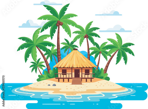 Tropical Island Hut with Palm Trees and Turquoise Water Illustration.