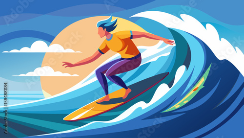 Surfer riding a large wave under a bright sun
