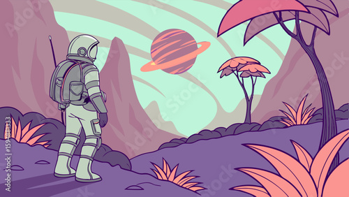 Astronaut exploring a vibrant alien planet landscape with a ringed planet in the sky. Science fiction space discovery.