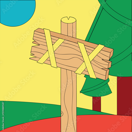 Wooden signpost with yellow straps and green background red ground blue circle