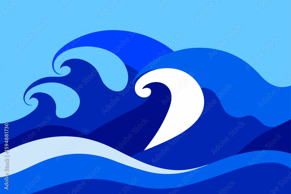 Fototapeta premium Cartoon vector illustration of cute marine animals in a blue ocean wave background