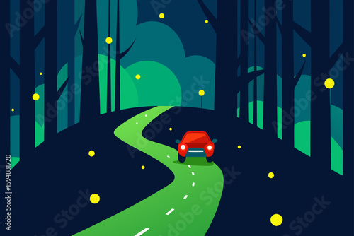 Moonlit road through a cartoon city with twinkling stars and silhouetted houses