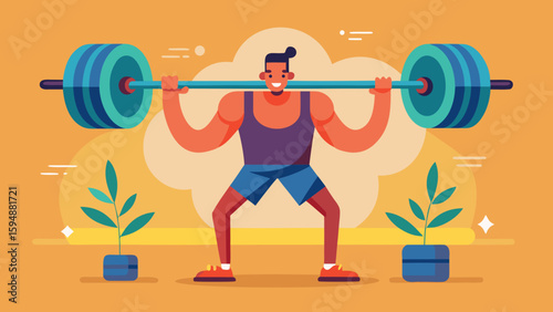 Man lifting weights in a gym with plants and orange background