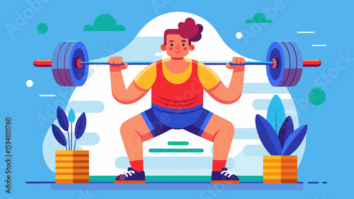Person doing a barbell squat in a stylized gym setting