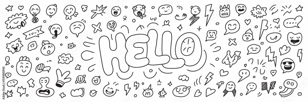 Fototapeta Playful Hand-Drawn Crayon Vector Set with Arrows, Symbols, and Fun Faces
