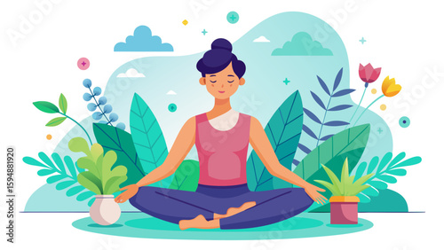 Woman meditating in lotus pose surrounded by lush greenery and flowers
