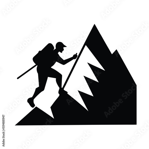 Hiker climbing a steep mountain silhouette