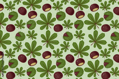 Seamless chestnut and buckeye leaf pattern with green background – swatch available in swatches panel