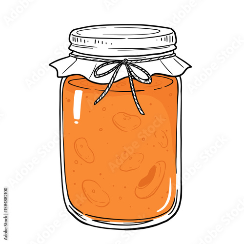Hand-drawn vector icon of a mason jar filled with orange jam tied with a ribbon on white background