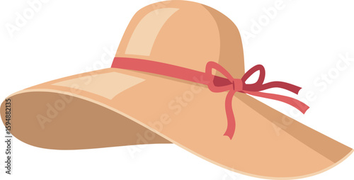 Wide-brimmed Beige Sun Hat with Coral Bow.