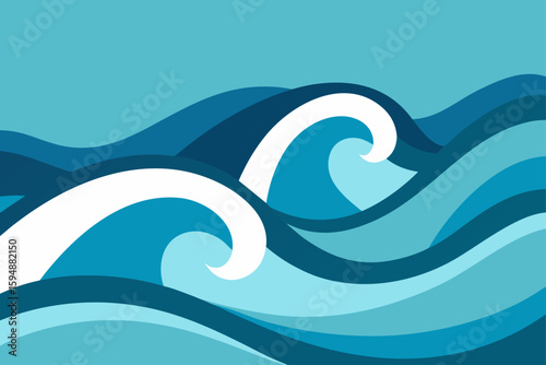 Abstract blue wave pattern on a summer ocean background with splashing water and fish silhouettes
