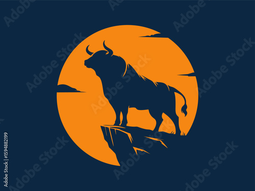 Majestic Silhouette of a Wild Bull on a Cliff at Sunset