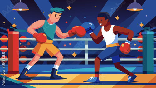 Two boxers in a ring sparring during a match