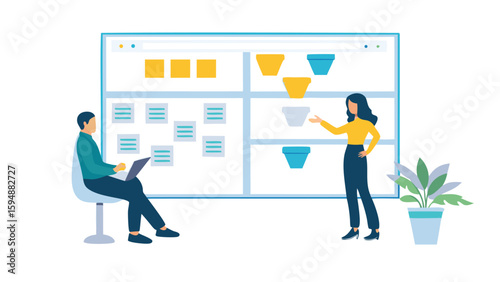 People collaborating on a visual board with sticky notes and funnel diagrams in a bright office space