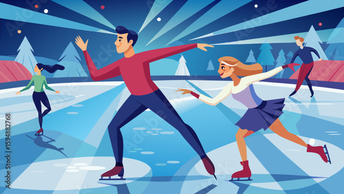 People ice skating together on a cold winter evening